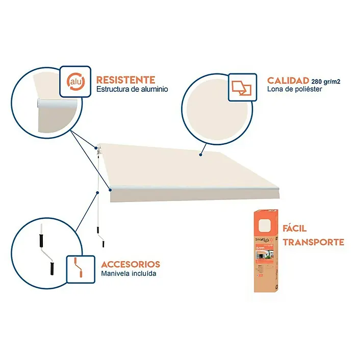 SmartSun Toldo de brazos articulados Original Kit Poliéster - Crudo, Ancho: 4 m, Caída: 2,5 m