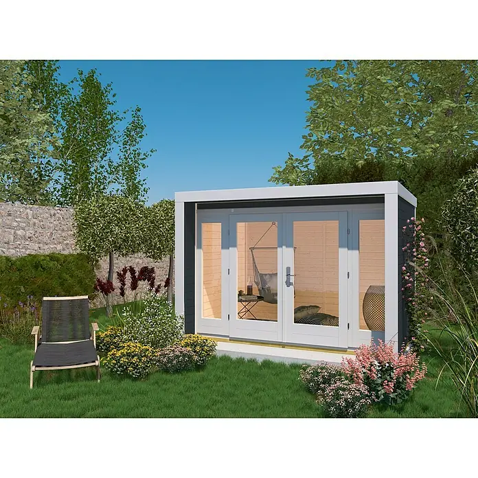 Weka Gartenhaus 263 - B x T: 305 x 316 cm, Holz, 8,7 m², Wandstärke: 28 mm, Anthrazit, Weiß - Stimmungsaufnahme