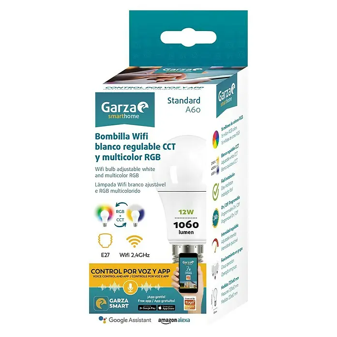 Garza Smart Home Bombilla LED RGB - 12 W, E27, Color de luz: RGBW, Intensidad regulable, Redonda