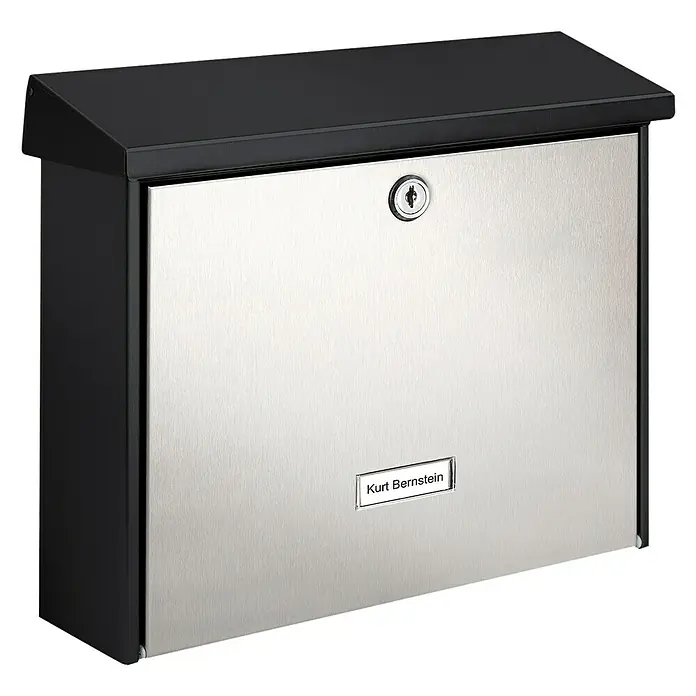 Burg-Wächter Briefkasten London - L x B x H: 115 x 377 x 320 mm, Stahl, Schwarz/Edelstahl - Vorderansicht