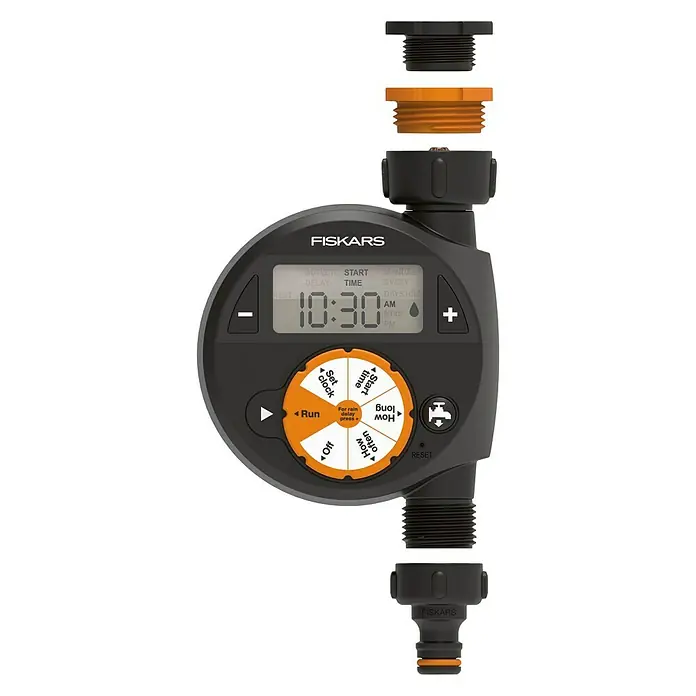 Fiskars Programador de riego 1 salida Digital - Tiempo de riego: 1 - 360 min, Hasta 4 veces al día, Ajuste universal, encaja con otras marcas
