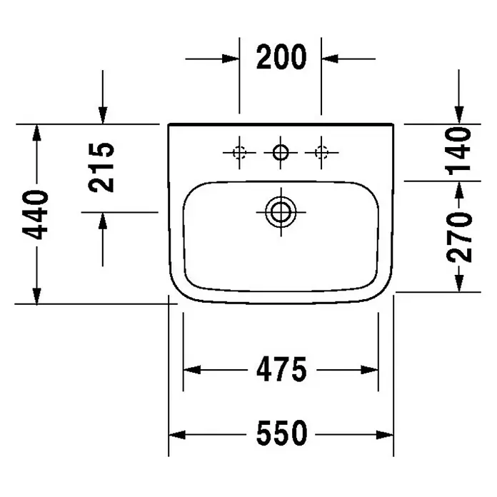 Duravit DuraStyle Waschtisch Med - 55 x 44 cm, Ohne Spezialglasur, Hahnloch: Mitte, Ohne Überlauf, Weiß - Skizze