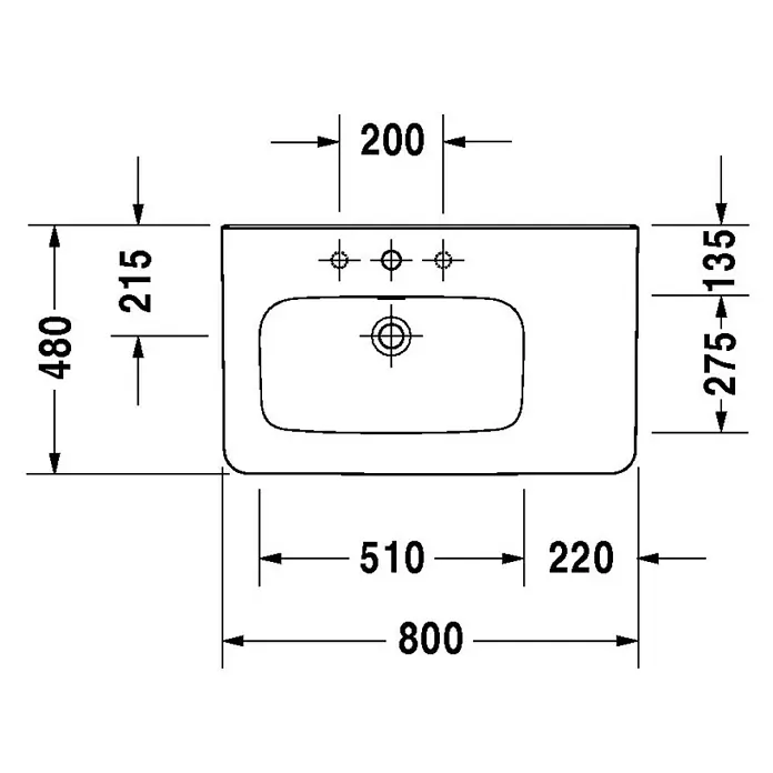 Duravit DuraStyle Waschtisch - 80 x 48 cm, Ohne Spezialglasur, Hahnloch: Links, Mit Überlauf, Weiß - Skizze