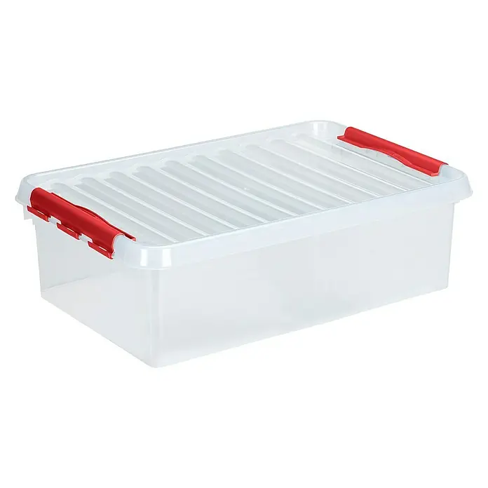 Sunware Aufbewahrungsbox Q-Line - L x B x H: 60 x 40 x 18 cm, Kunststoff, Transparent, Farbe Griff: Rot - Linke Seitenansicht
