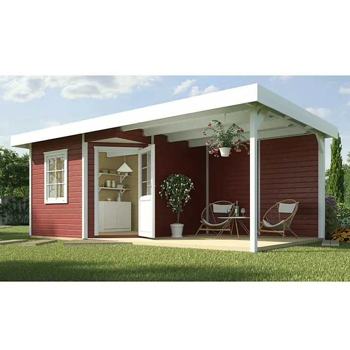 Weka Blockbohlenhaus Fides III - Rot, 12,88 m², 28 mm, Flachdach - Vorderansicht