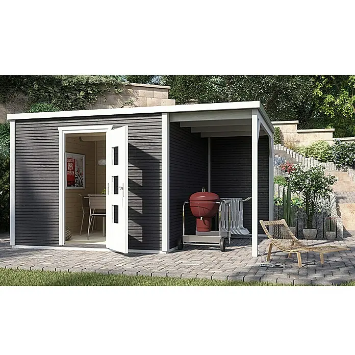 Weka Blockbohlenhaus Avellino 2 - Anthrazit, 45 mm, 10 m², Anbau - Vorderansicht