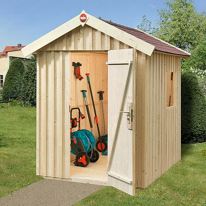 Weka Gerätehaus - Außenbreite inkl. Dachüberstand: 200 cm, Außentiefe inkl. Dachüberstand: 208 cm, Holz, Natur, 2,72 m² - Vorderansicht