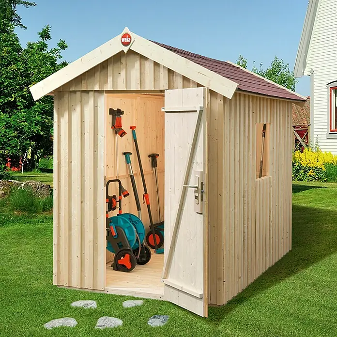 Weka Gerätehaus - Außenbreite inkl. Dachüberstand: 200 cm, Außentiefe inkl. Dachüberstand: 286 cm, Holz, Natur, 3,99 m² - Vorderansicht