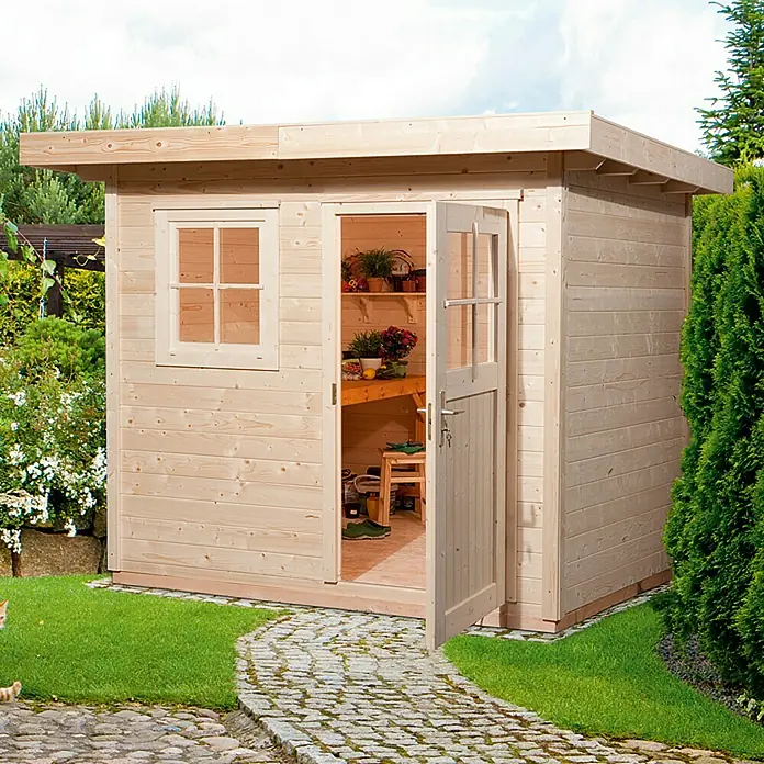 Weka Blockbohlenhaus Milano - 28 mm, 4,94 m², Flachdach - Vorderansicht