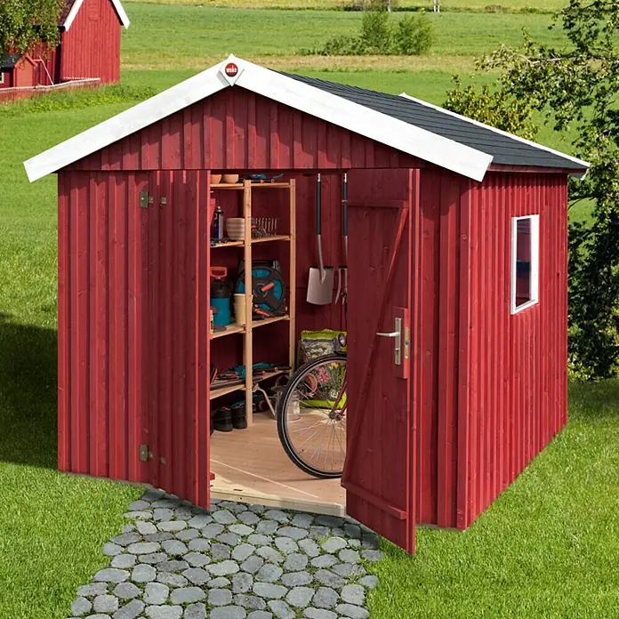 Weka Gerätehaus - Außenbreite inkl. Dachüberstand: 277 cm, Außentiefe inkl. Dachüberstand: 286 cm, Holz, Rot - Vorderansicht