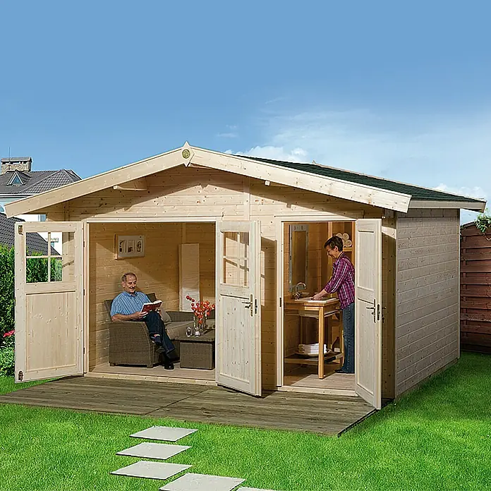 Weka Drvena vrtna kućica Palermo - 28 mm, 9,4 m², Nusprostorija - Pogled sprijeda