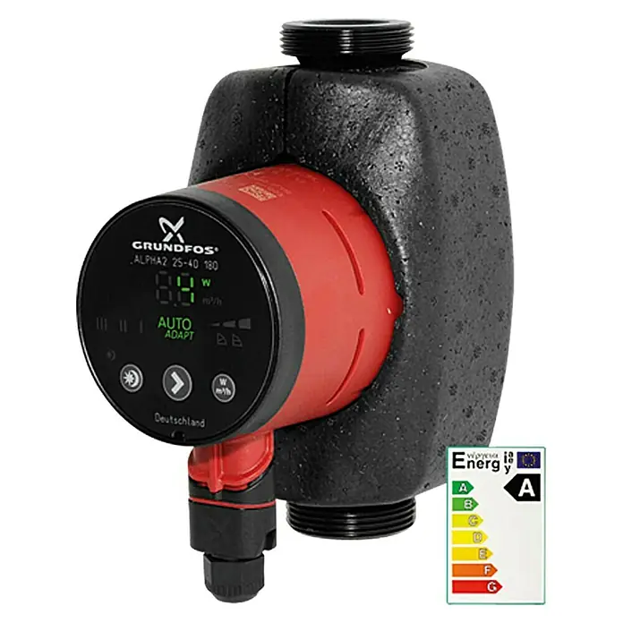 Grundfos Štedna cirkulacijska pumpa Alpha 2 25-40 - Pritisak vode u visinu: 4 m, Priključna snaga: 3 - 18 W, Ugradna duljina: 180 mm - Pogled sprijeda