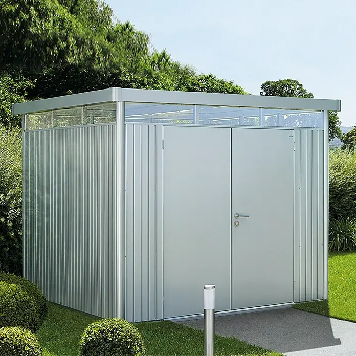 Biohort Gerätehaus HighLine - 275 x 275 cm, Stahl, Silber Metallic, Doppeltür
