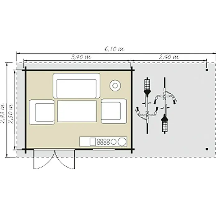 Caseta de madera Lounge 2 - Madera, Área: 14,5 m², Espesor de pared: 28 mm