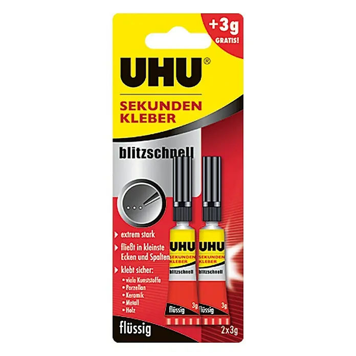 UHU Sekundenkleber Blitzschnell - Flüssig, 2 x 3 g, Tube - Vorderansicht