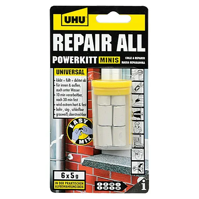 UHU Repair All Powerkitt - 6 x 5 g, Grau/Weiß, -30 °C bis +125 °C - Vorderansicht