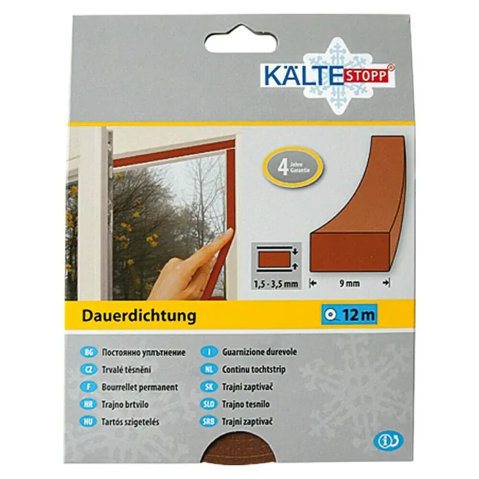 KÄLTESTOPP Trajna brtva - Smeđe boje, 12 m x 9 mm x 4 mm, Širine otvora 1,5 – 3,5 mm - Pogled sprijeda