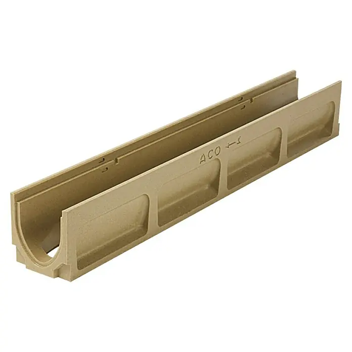 ACO Galaline Rinnenkörper - 100 x 13,5 x 13,8 cm, Mit vorgeformtem Ablauf DN 100 zum Herausschlagen, Polymerbeton - Linke Seitenansicht
