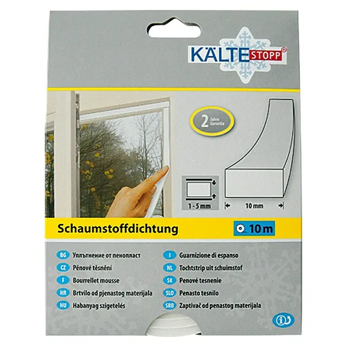 KÄLTESTOPP Samoljepljiva brtva za prozore - Bijele boje, 10 m x 10 mm x 6 mm, Širine otvora 1 – 5 mm - Pogled sprijeda