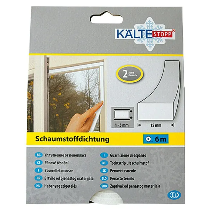 KÄLTESTOPP Samoljepljiva brtva za prozore - Bijele boje, 6 m x 15 mm x 6 mm, Širine otvora 1 – 5 mm - Pogled sprijeda