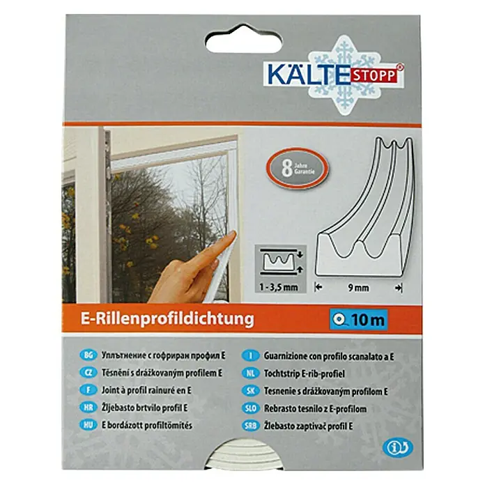 KÄLTESTOPP Brtvena traka za prozore i vrata E-profil - Bijele boje, 10 m x 9 mm x 4 mm, Širine otvora 1 – 3,5 mm - Pogled sprijeda