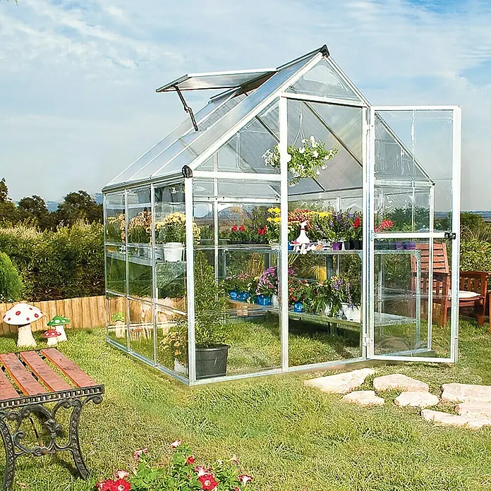 Palram – Canopia Gewächshaus Hybrid - 1,86 x 1,85 x 2,08 m, Polycarbonat, Glasstärke Seitenwände: 0,75 mm, Silber
