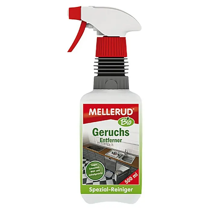 Mellerud Bio Geruchsentferner - 500 ml, Rechteckflasche mit kindergesicherter Sprühpistole - Vorderansicht