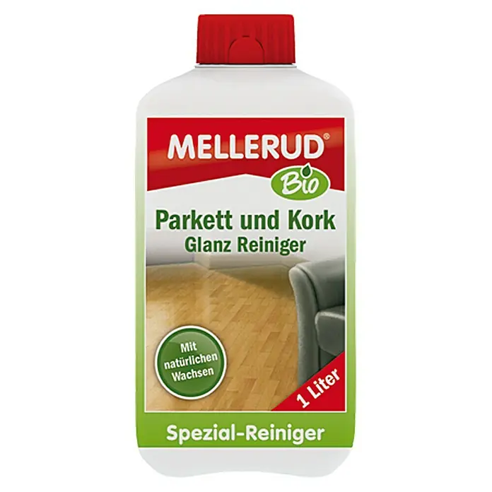 Mellerud Bio Parkett- & Kork-Glanzreiniger - 1 l, Rechteckflasche mit kindergesichertem Verschluss - Vorderansicht
