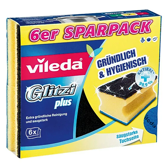 Vileda Topfreiniger Glitzi Plus - Glitzi Härtegrad: 2, 6 Stk., Antibakteriell - Vorderansicht