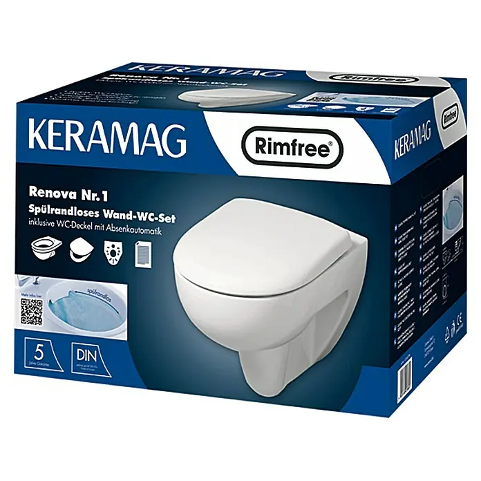 Geberit Renova Nr. 1 Wand-WC-Set - Spülrandlos, Mit antibakterieller Glasur, Spülform: Tief, WC Abgang: Waagerecht, Mit WC-Sitz