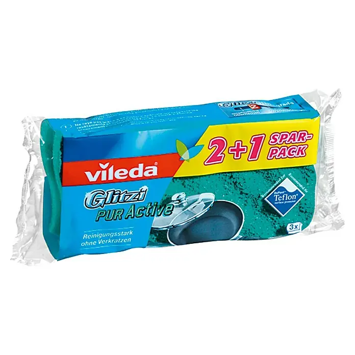 Vileda Glitzi Schwamm PUR Active - Glitzi Härtegrad: 1, 3 Stk. - Linke Seitenansicht