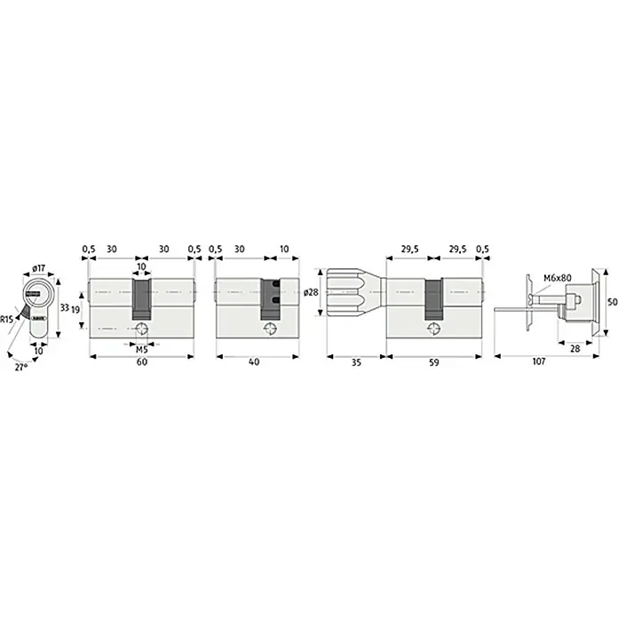 Abus Profilzylinder D6X - Baulänge innen: 30 mm, Baulänge außen: 35 mm, Anzahl Schlüssel: 5 Stk.