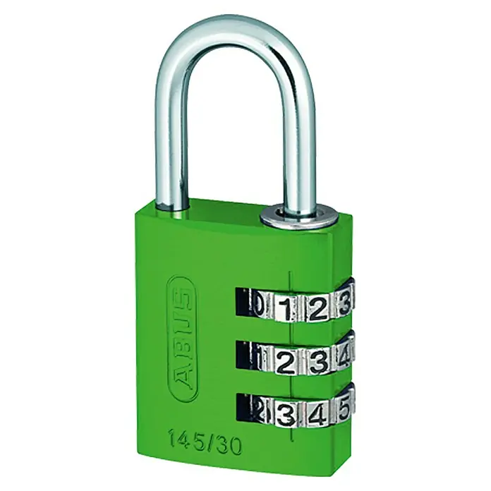 Abus Vorhängezahlenschloss 145/30 - Breite: 30 mm, Bügelstärke: 5 mm, Schlossdicke: 15,5 mm, Grün, Blau, Gelb, Orange, Rot, Lila - Vorderansicht