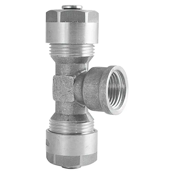 Schraub-T-Stück - Durchmesser: 2 x 20 mm, Innengewinde: ¾″, Vernickelt