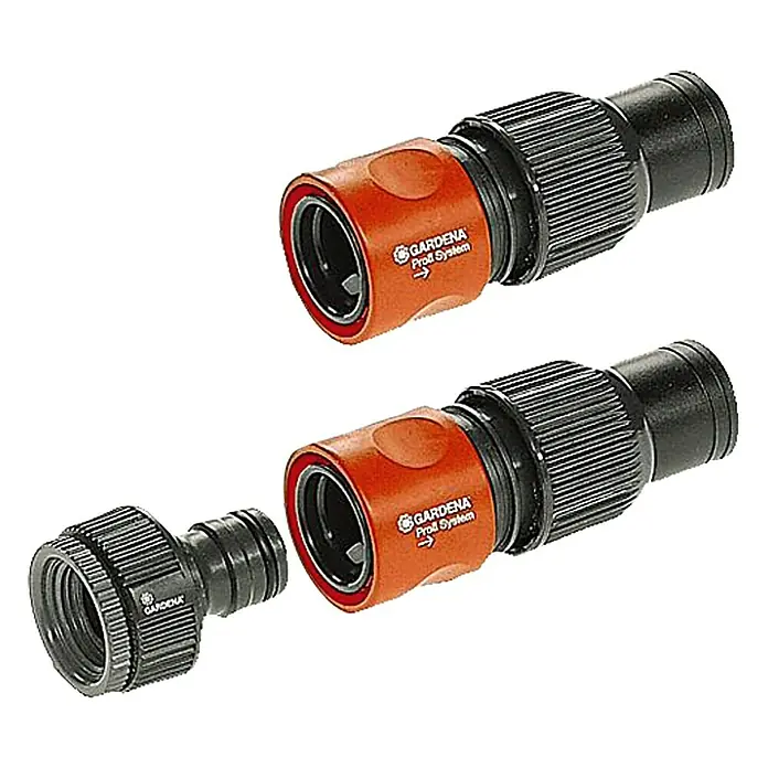 Gardena Micro-Drip Komplet priključaka na profesionalni sustav - 1 x navojni priključak za slavinu s prilagodnikom, 2 x priključak crijeva Profi System za vrtna crijeva, Veličina priključka: ¾″ - Pogled s lijeve strane