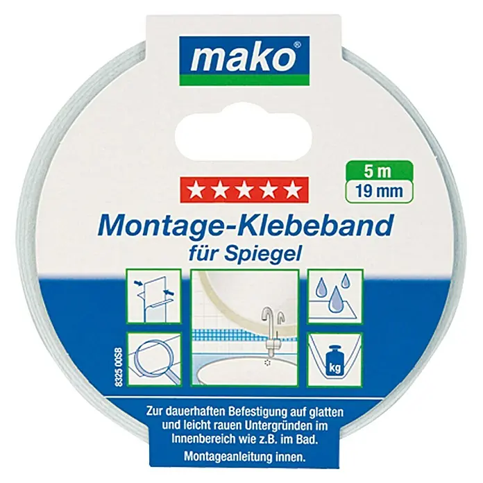 Montageklebeband für Spiegel - Weiß, 5 m x 19 mm - Vorderansicht