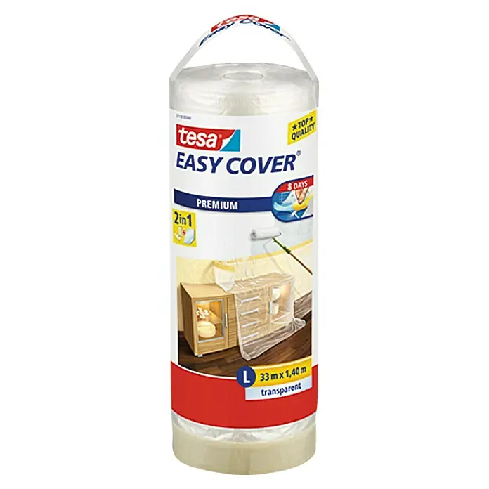 Tesa Easy Cover Premium Abdeckfolie - Ersatzrolle, 1,4 x 33 m, L, Einseitiger Kreppkleberand - Vorderansicht