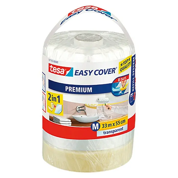 Tesa Easy Cover Premium Abdeckfolie - Ersatzrolle, 0,55 x 33 m, M, Einseitiger Kreppkleberand - Vorderansicht