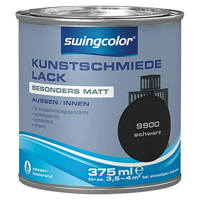 swingcolor Kunstschmiedelack - Schwarz, 375 ml, Stumpfmatt, Innen, Wasserbasiert - Vorderansicht