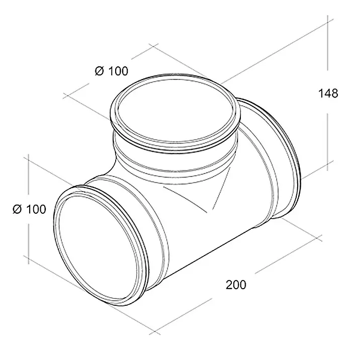 Air-Circle T spojnica za ventilacijsku cijev - Promjer: 100 mm, Čelik - Pogled s lijeve strane