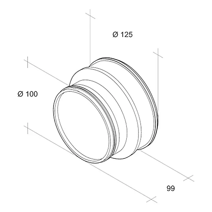 Air-Circle Redukcija za spiralnu cijev od ventilacije - Promjer: 125 mm - 100 mm, Čelik - Pogled s lijeve strane
