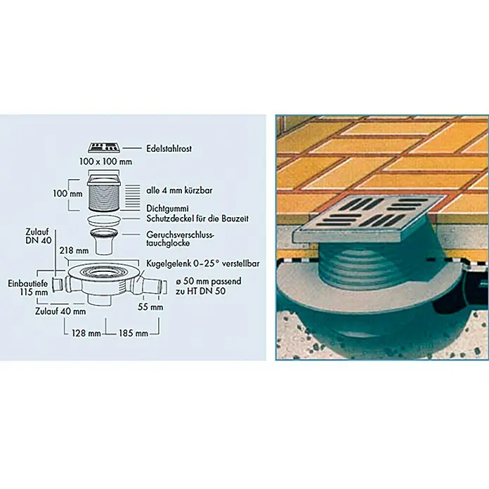 Boden-Deckenablauf - 100 x 100 mm, Abgang: Waagerecht, Durchmesser Rohranschluss: 50 mm - Vorderansicht