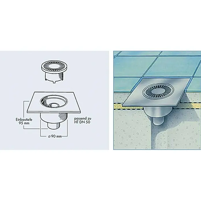 Odvod za kupaonicu - 100 x 100 mm, Odvod: Okomito, Promjer priključka za cijev: 50 mm - Detaljan prikaz