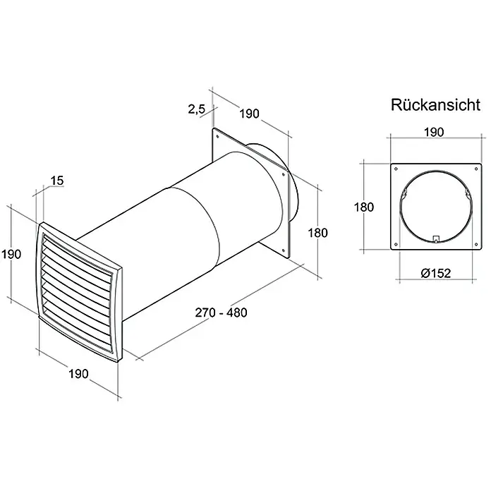 Air-Circle Teleskopska cijev za ventilaciju - Promjer spojnog dijela: 150 mm, Podesivost: 33 - 58 cm, Maksimalni protok zraka: 600 m³/h - Pogled s lijeve strane