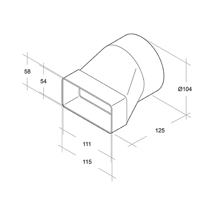 Air-Circle Prijelazni nastavak plosnate ventilacijske cijevi - Dimenzije spojnog dijela: 111 x 54 mm - Pogled s lijeve strane