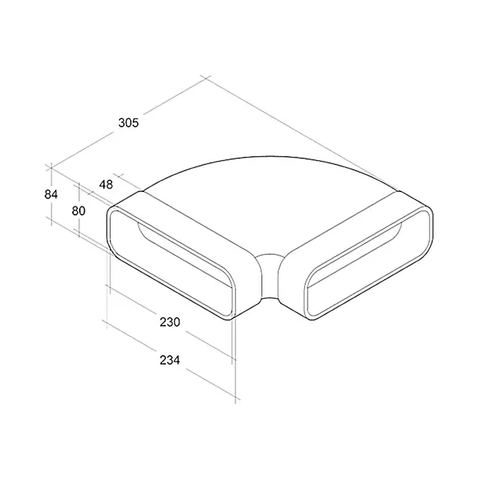 Air-Circle Plosnato koljeno za ventilaciju - 230 x 80 mm, Vodoravno - Pogled s lijeve strane