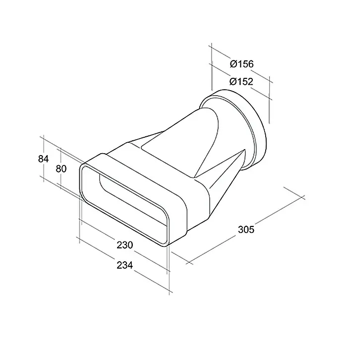 Air-Circle Prijelazni nastavak plosnate ventilacijske cijevi - Dimenzije spojnog dijela: 230 x 80 mm - Pogled s lijeve strane