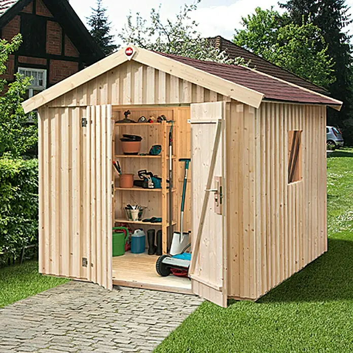 Weka Gerätehaus - Außenbreite inkl. Dachüberstand: 277 cm, Außentiefe inkl. Dachüberstand: 208 cm, Holz, Natur - Vorderansicht