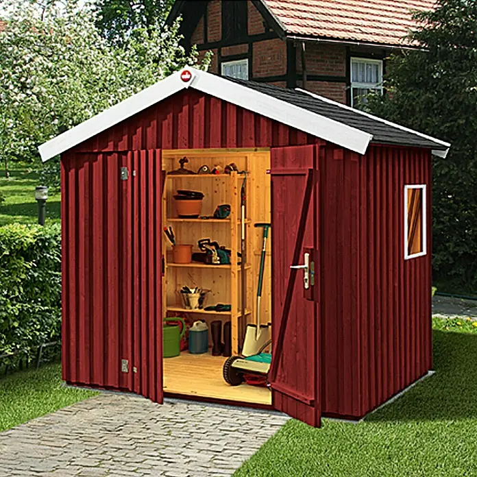 Weka Gerätehaus - Außenbreite inkl. Dachüberstand: 277 cm, Außentiefe inkl. Dachüberstand: 208 cm, Holz, Rot - Vorderansicht