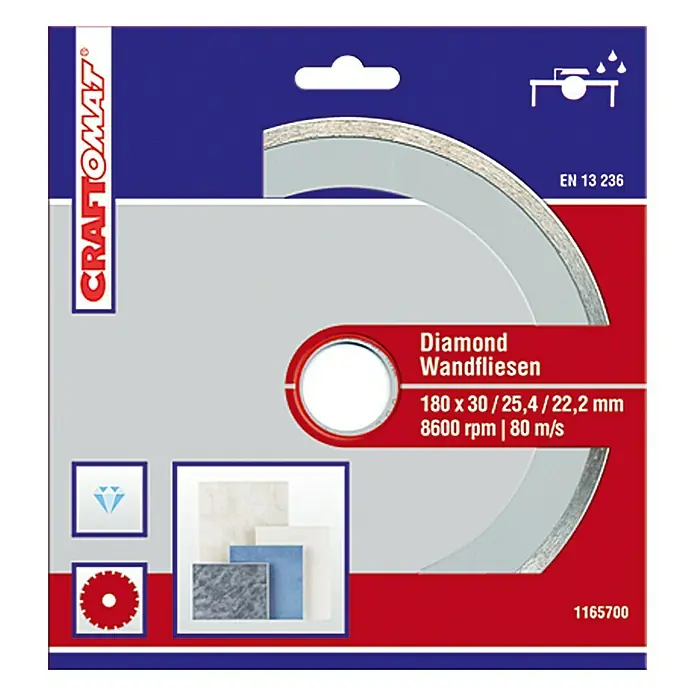 Craftomat Diamant-Trennscheibe - Wandfliesen, Durchmesser Scheibe: 180 mm - Vorderansicht